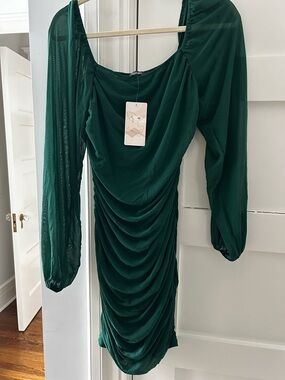 Source Unknown Emerald Green Ruched Long-Sleeve Mini Dress